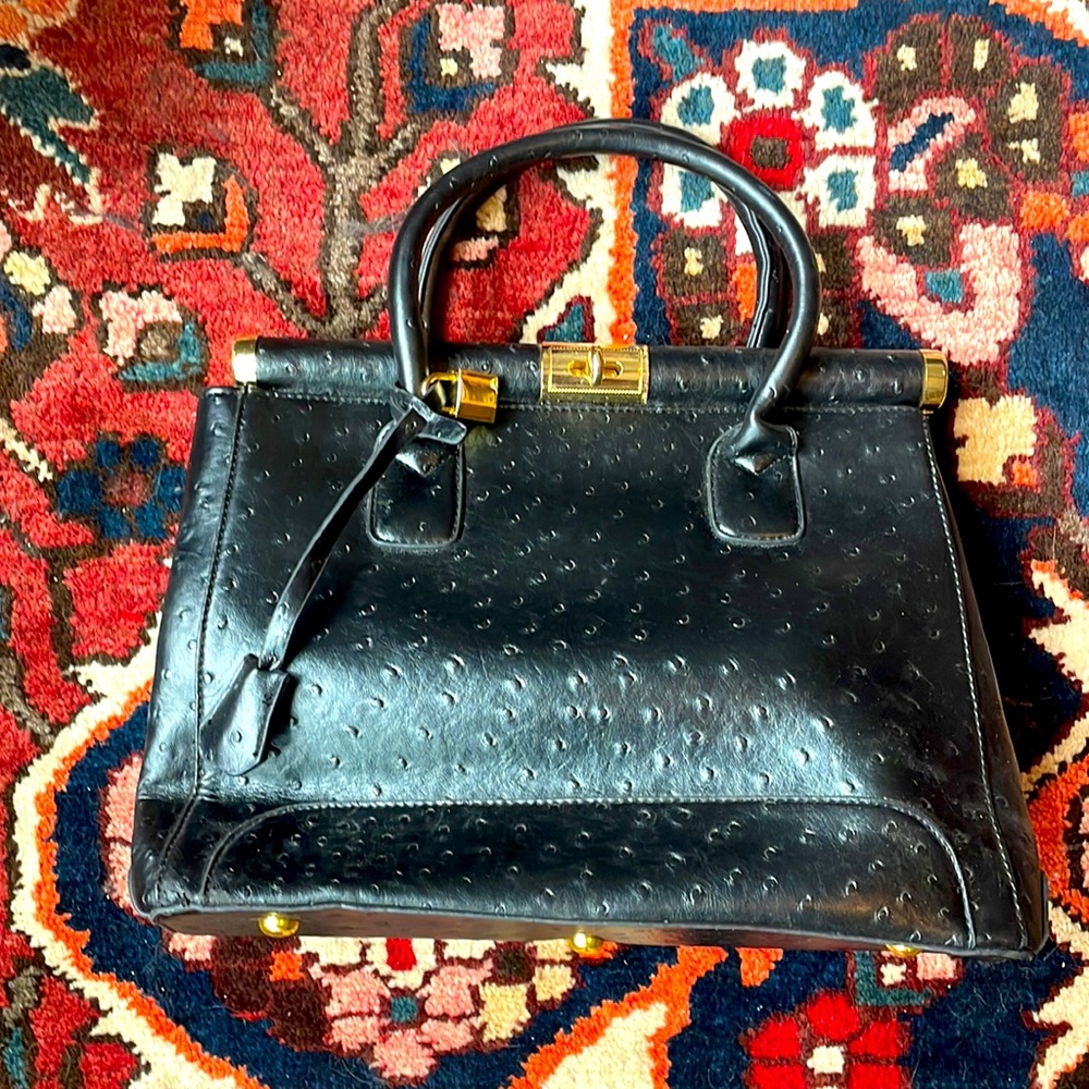 Vegan black ostrich leather tote bag top handle purse with gold hardware